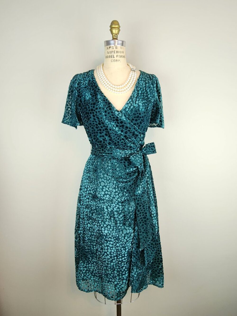 DKNY Luxurious Blue Green Burnout Velvet Faux Wrap Dress NWT * Ladies size 6